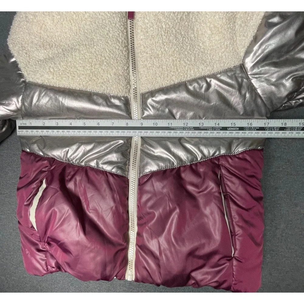 Rothschild Girls Puffer Jacket Hooded Metallic Burgundy Cream Size‎ M 10 12